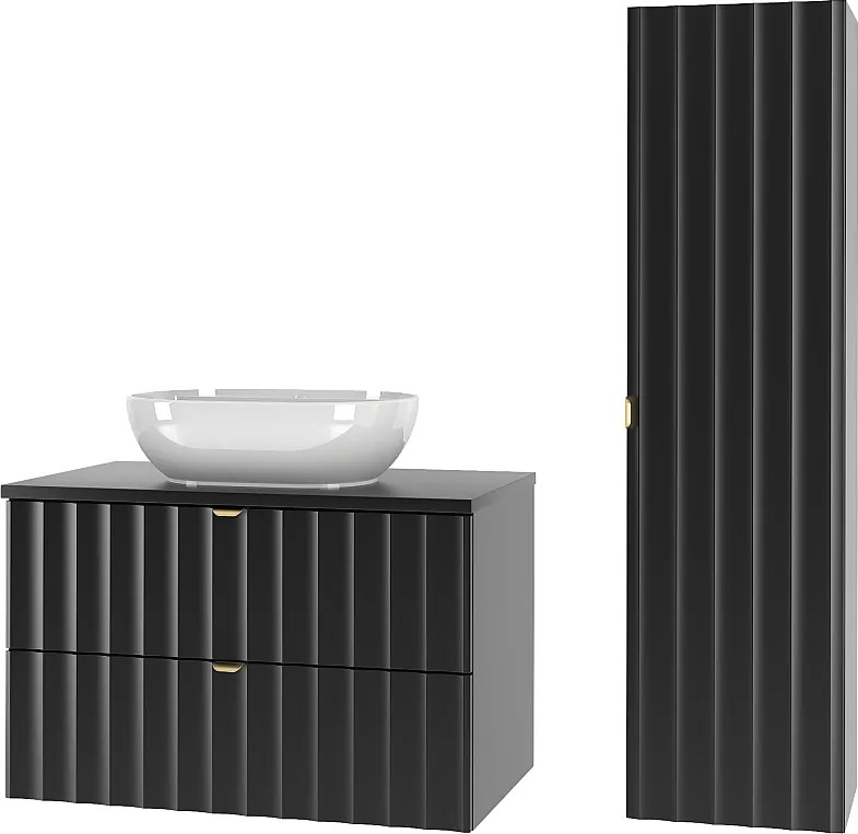 Czarny Zestaw Łazienkowy 80cm Szafka z Blatem Umywalka Słupek Ryflowane Fronty Arcos