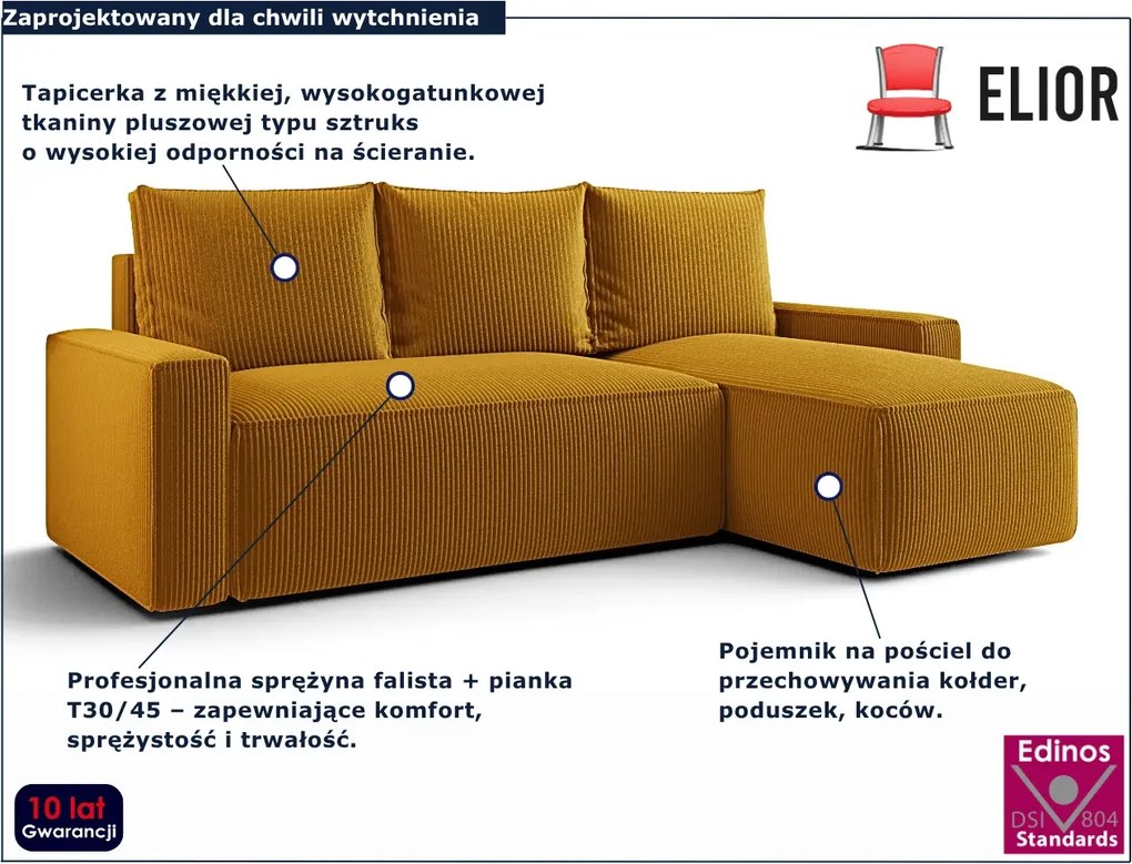 Żółty sztruksowy narożnik L z pojemnikiem R5-W95