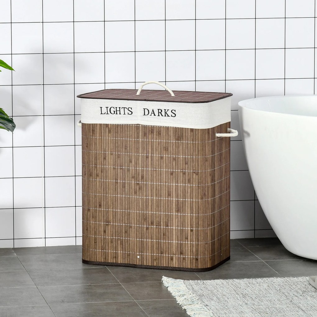 HOMCOM Kosz na Pranie 100L Bambus Poliester Bawełna z 3 Uchwytami Brązowy Biały 52x32x63cm | Aosom PL