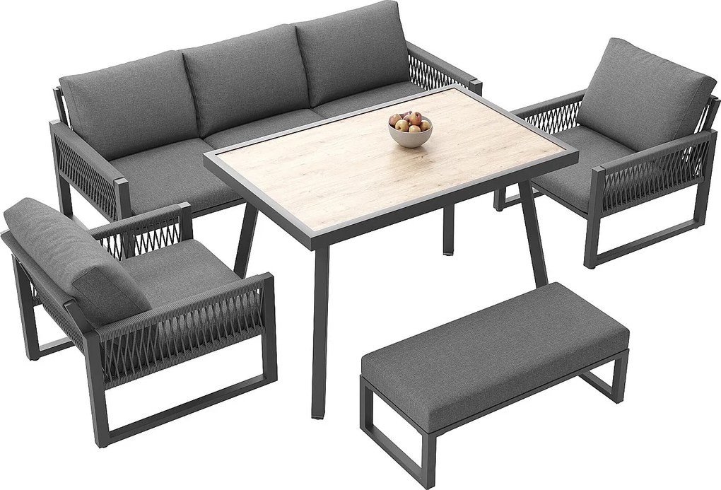 Salon ogrodowy, zestaw mebli, lin, na 6 osób - Kanapa 3-osobowa - 2 fotele - stół - Biały​ - z żelaza ocynkowanego, Szary
