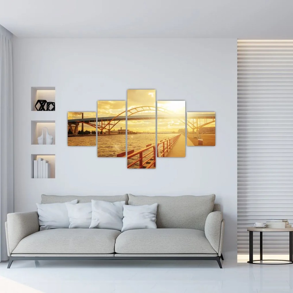 Obraz mostu z zachodem słońca (125x70 cm)