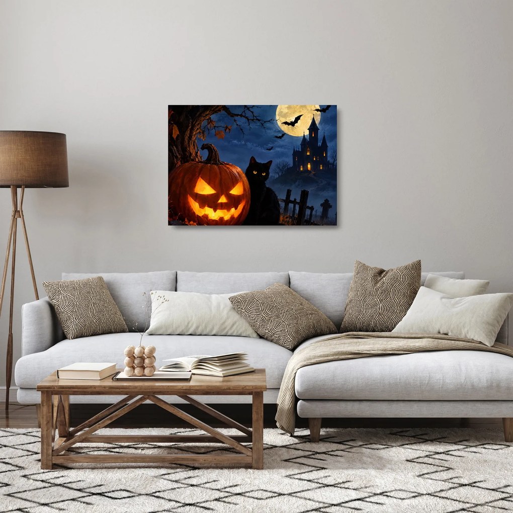 Obraz na szkle - Czarny kot przy świecącej dyni na Halloween (70x50 cm)