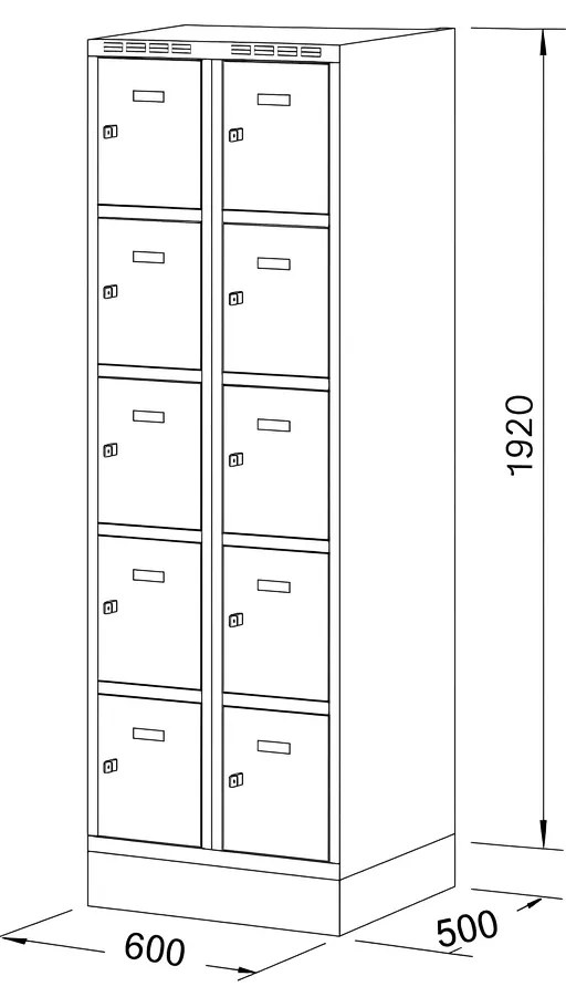 Alfa 3 Szafka skrytkowa S6 na cokole, 10 schowków, 1920 x 600 x 500 mm, zamek obrotowy, drzwi ciemnoszare