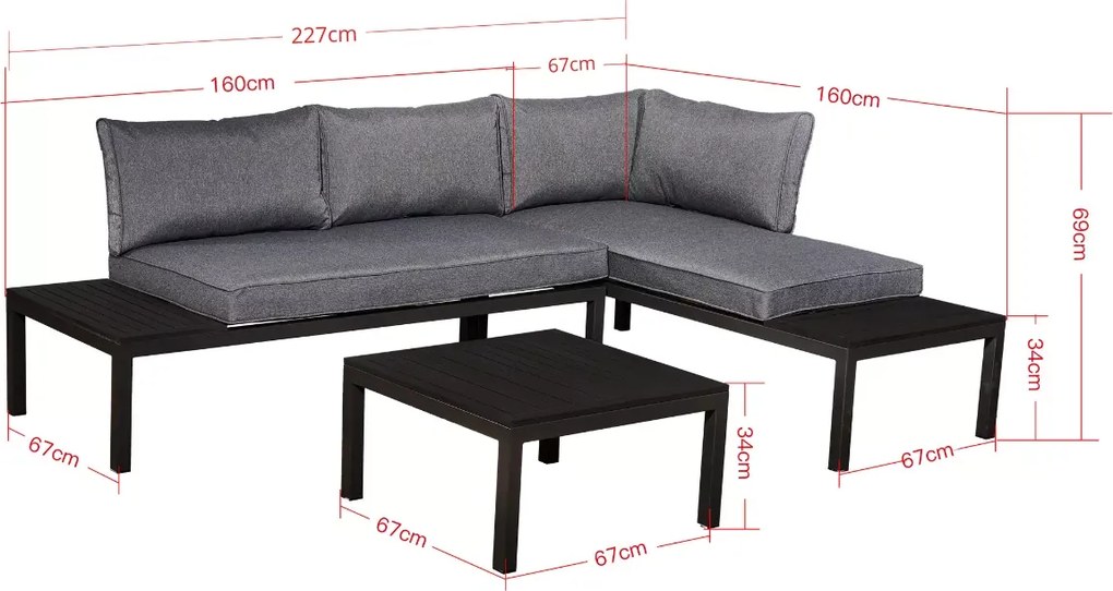 Zestaw ogrodowy Loftia 2x sofa narożna 4-osobowa + stolik kawowy stalowy szary/czarny
