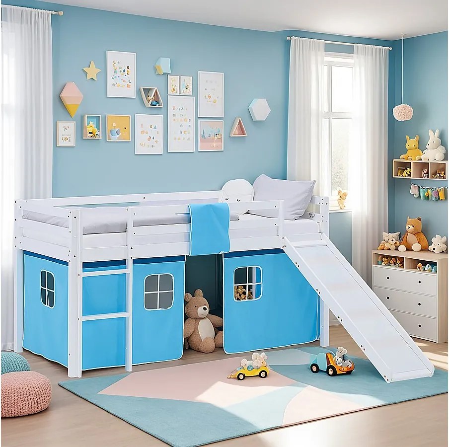 Łóżko piętrowe dla dzieci 90x200 cm białe z niebieską zasłoną