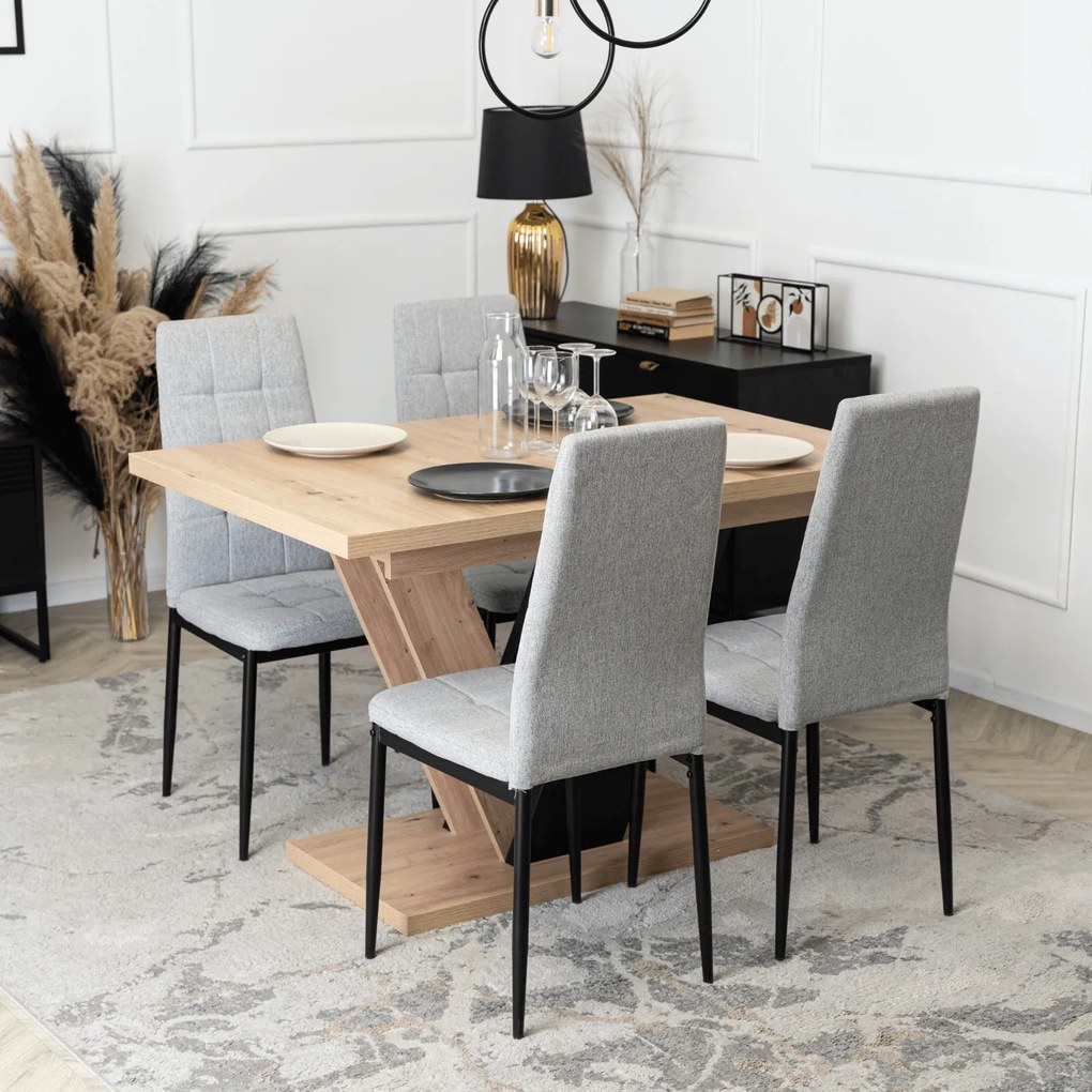 Zestaw Stół Prostokątny Rozkładany CLARK 120-160 cm Dąb Artisan/Czarny i 4 Krzesła Tapicerowane TEX Szare