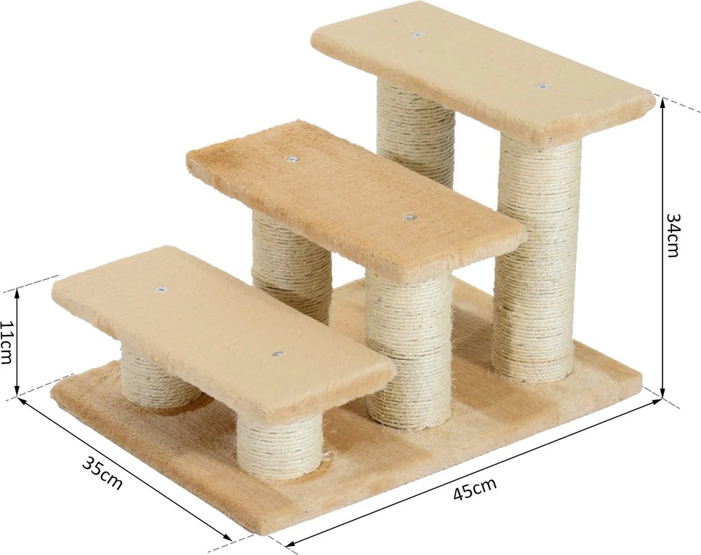 PawHut drapak schodki dla kota i psa 3 stopnie stabilne schody dla zwierząt domowych beżowe 45x35x34cm | Aosom PL