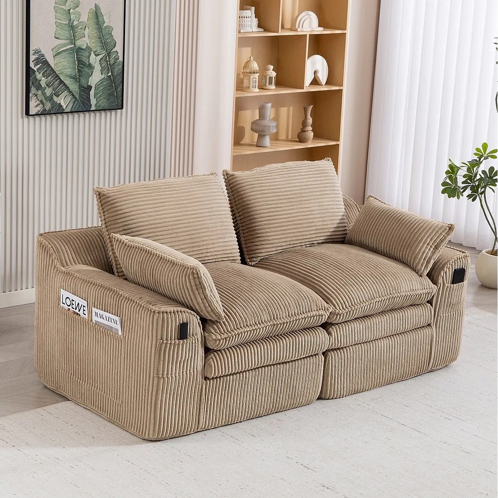 Modułowa sofa 2-osobowa w sztruksie - 191 x 94 x 85 cm - z 1 pufem + poduszki + 2 kieszenie - khaki