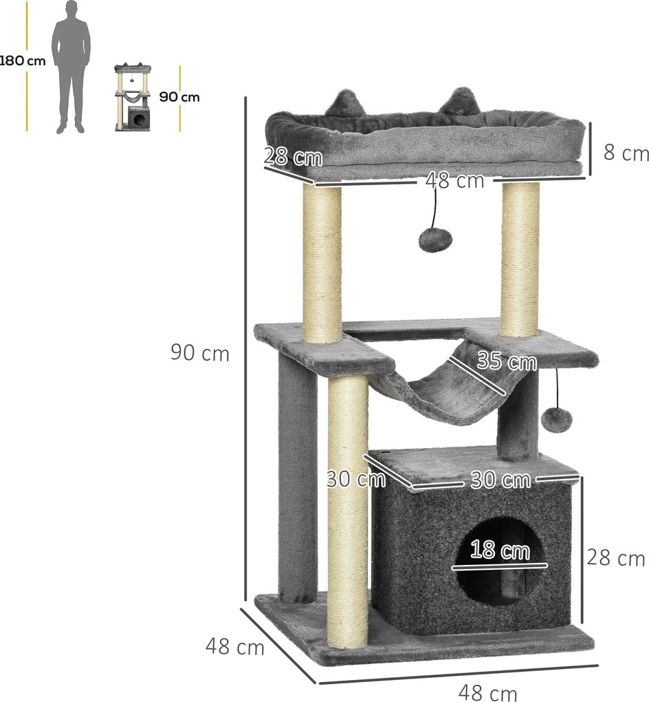 PawHut Drapak dla kotów wysoki szary 48x48x100 cm stabilny trwały idealny dla kotów aktywnych | Aosom PL