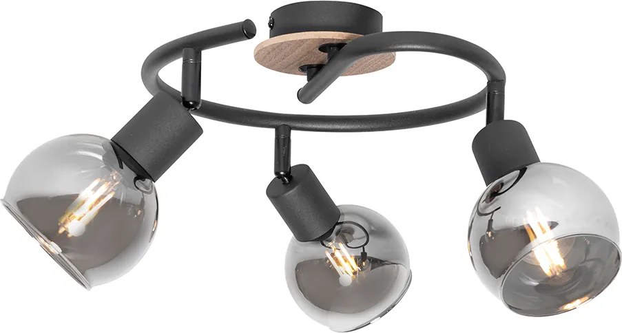 Plafon czarny 44,5 cm z przydymionym szkłem i drewnem 3-źródła światła - Vidro