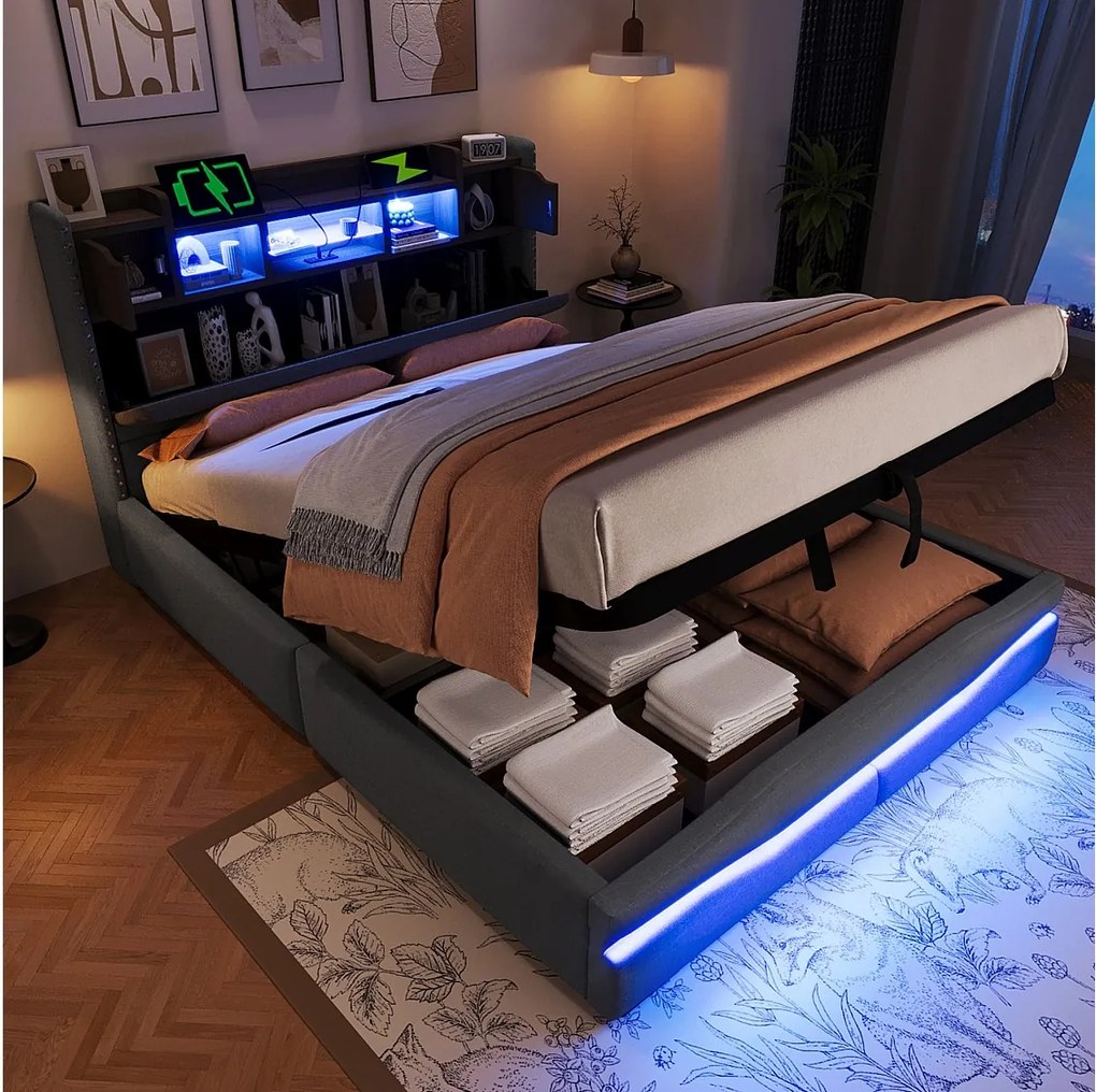 Łóżko tapicerowane z pojemnikiem - 140 x 200 cm - z USB-C + diodami LED - zagłówek ze schowkiem - len + płyta MDF - szare