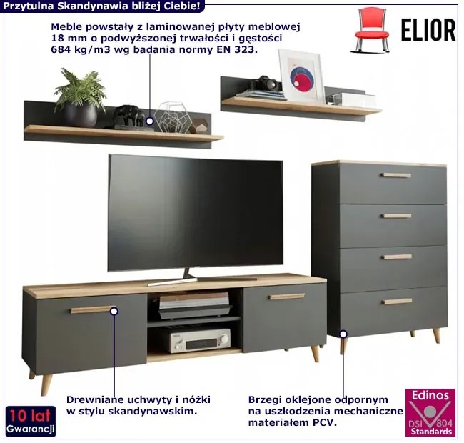 Zestaw RTV do pokoju antracyt + dąb artisan - Galileo 5X