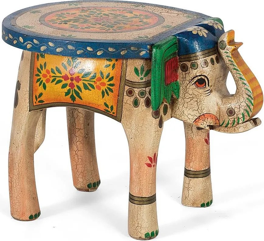 Tabouret z drewna manguier pomalowanego à la main z wielobarwnymi detalami