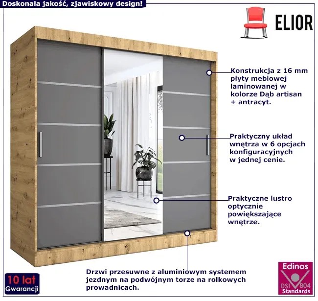 Szafa przesuwna 200 cm dąb artisan + antracyt - Marmos 6X