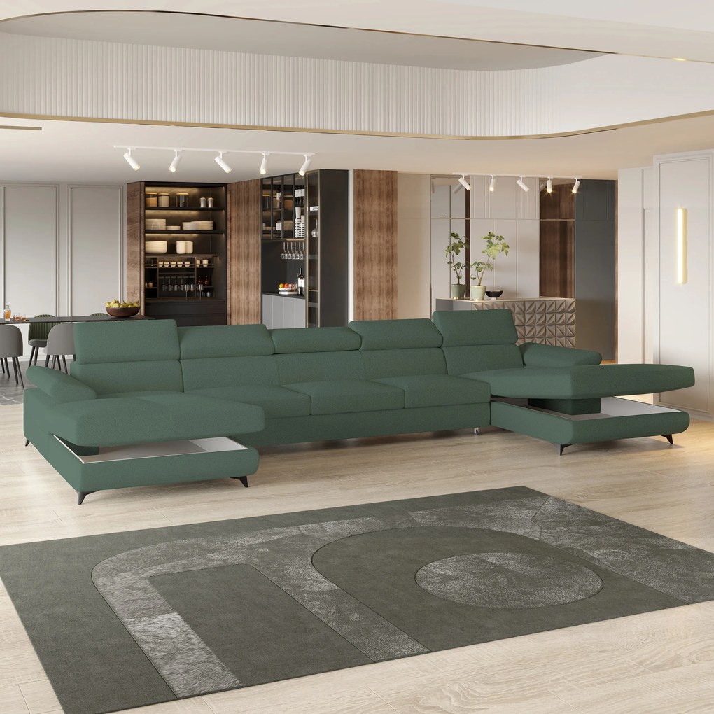 Masseno Narożnik VIVENTE z funkcją spania i pojemnikiem na pościel Narozniki U, Rozkładana sofa - Zielony, QUELLE 37