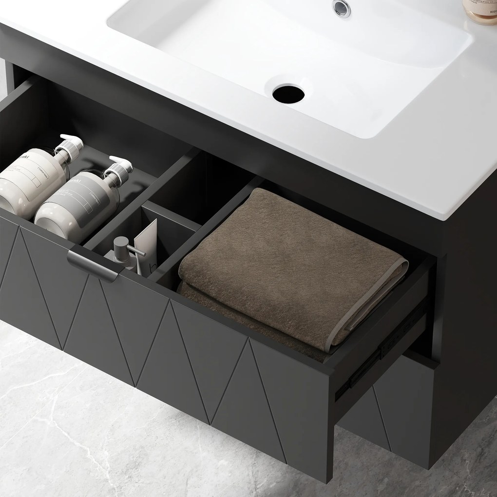 HOMCOM Szafka pod umywalkę Wisząca szafka z ceramiczną umywalką, Szuflady Soft-Close, Czarna