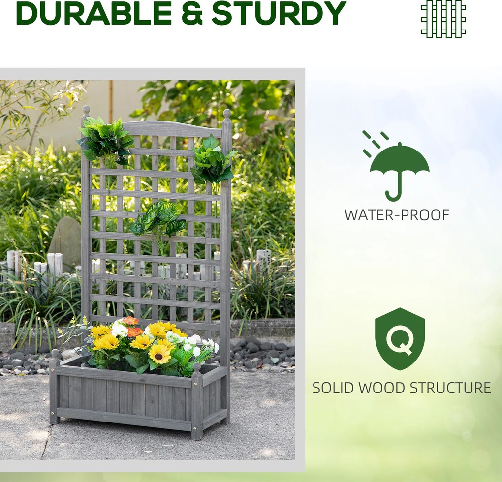 Outsunny Skrzynka na Rośliny Donica Stojak Trzcina Łuk Różany Otwory Drenażowe Drewno Jasnoszary 64x28x120cm | Aosom PL