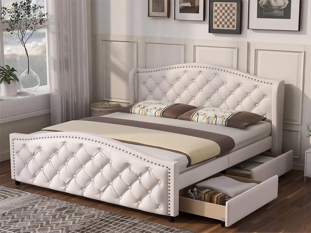 Łóżko z wezgłowiem - 140 x 200 cm - 2 szuflady - PU - stelaż listwowy - kolor biały