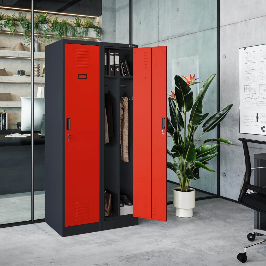 Szafka ubraniowa BHP antracytowo-czerwona: czterokomorowa KACPER, 800 x 1800 x 500 mm