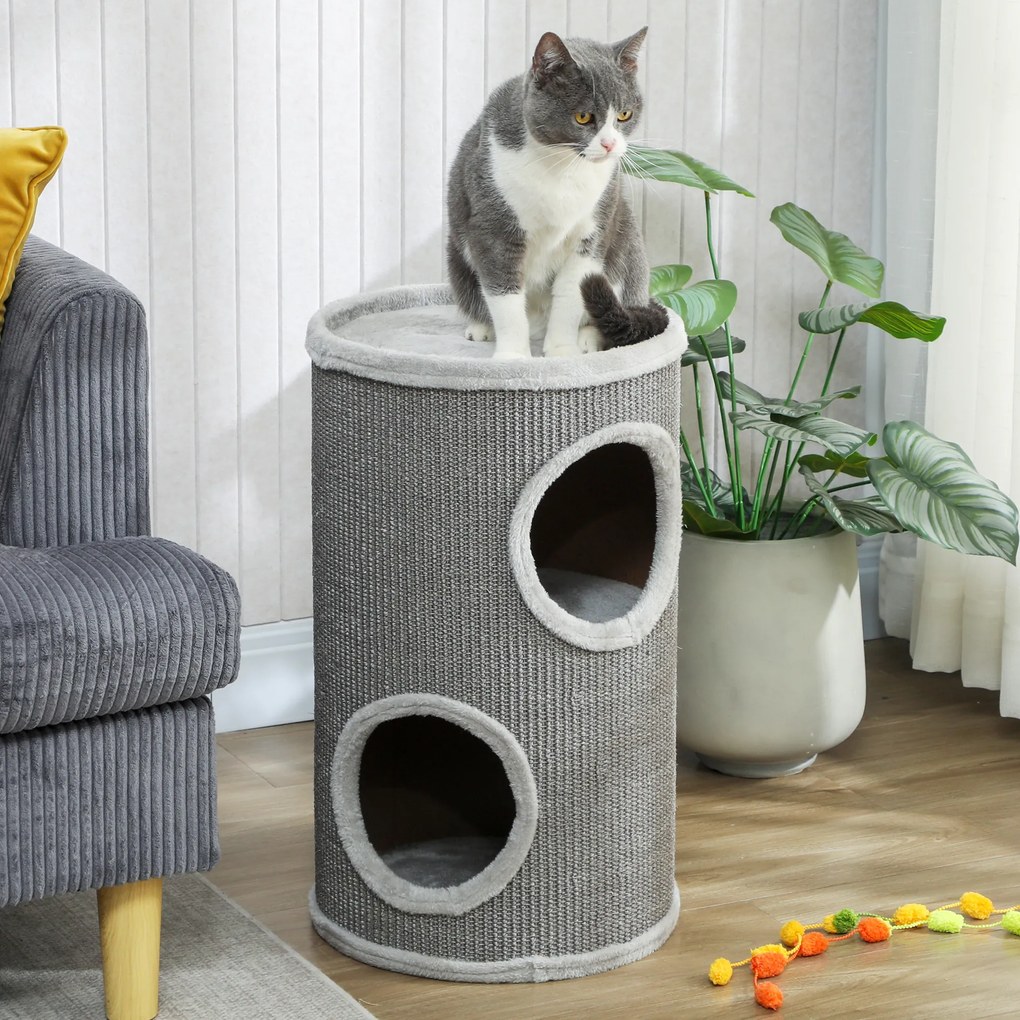 PawHut Tuba do drapania, 60 cm wysokości Ø 35 cm dwupiętrowa kocia tuba z 2 jaskiniami, pluszowy rant, dla 1-2 kotów do 5 kg, Jasnoszary | Aosom PL