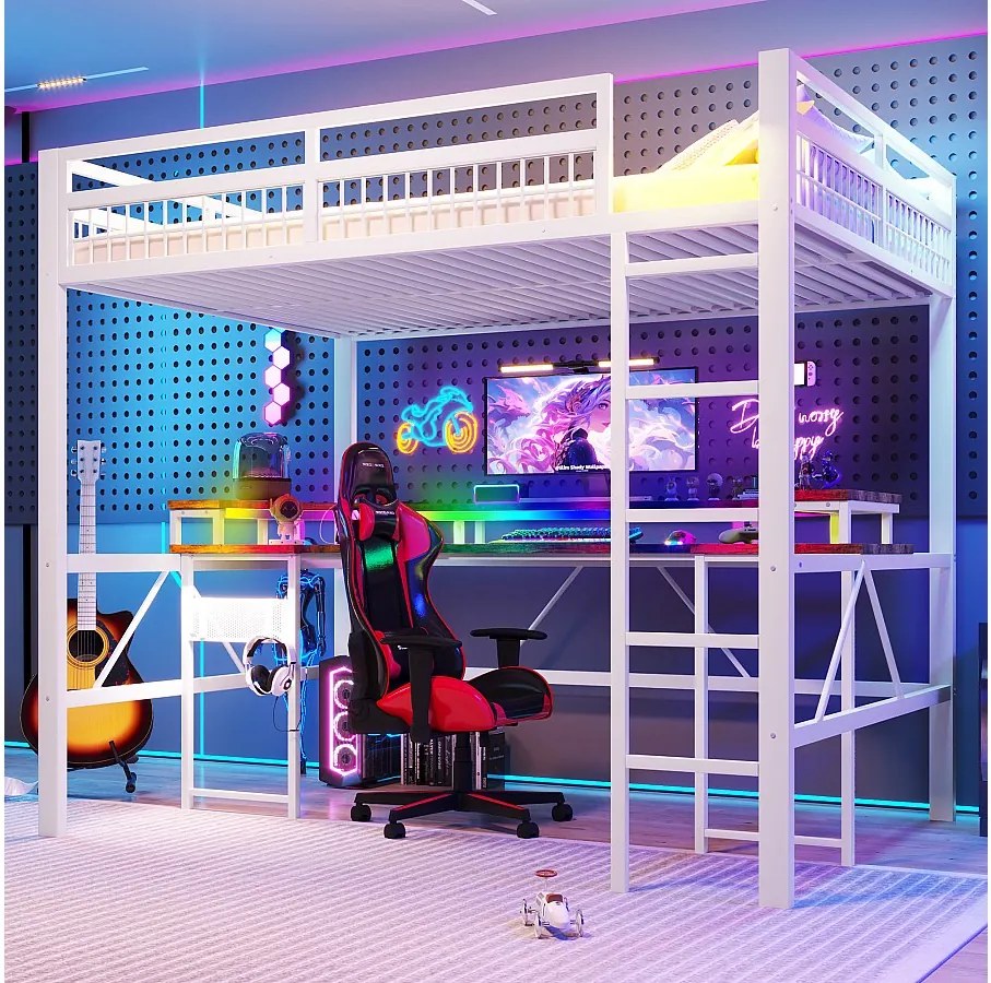 Łóżko piętrowe dla dzieci - 140 x 200 cm - rama żelazna - z diodami LED + biurko + port USB + gniazdko elektryczne - metalowe - białe