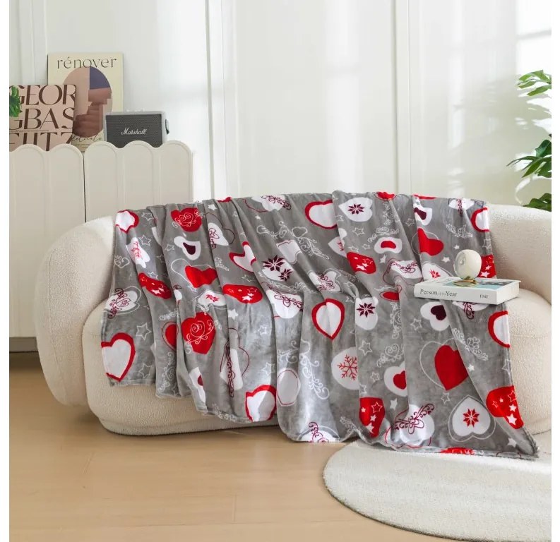 2x Szary świąteczny koc z mikropluszu CHRISTMAS HEART 150x200 cm