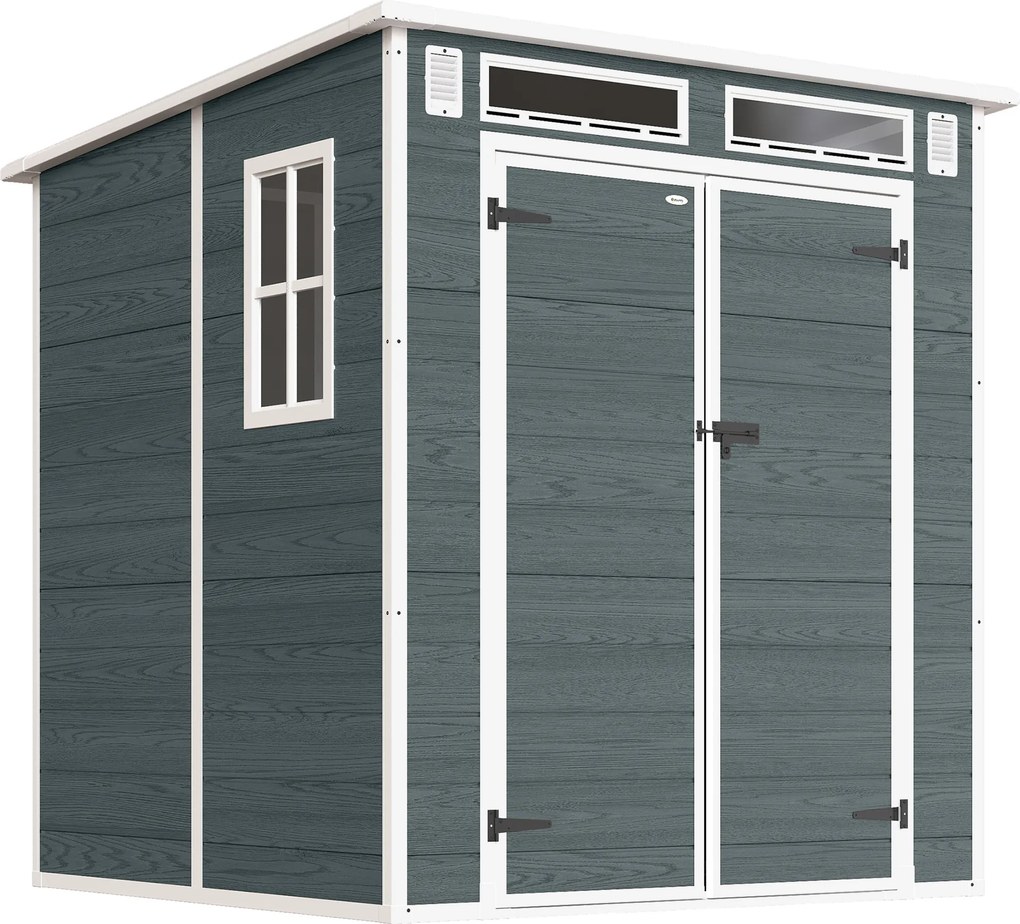 Outsunny Domek narzędziowy 2,89 m², schowek z drewnopodobnym wykończeniem, 3 okna, podwójne drzwi, wentylacja, podłoga, zamek, 182 x 182 x 196 cm | Aosom PL