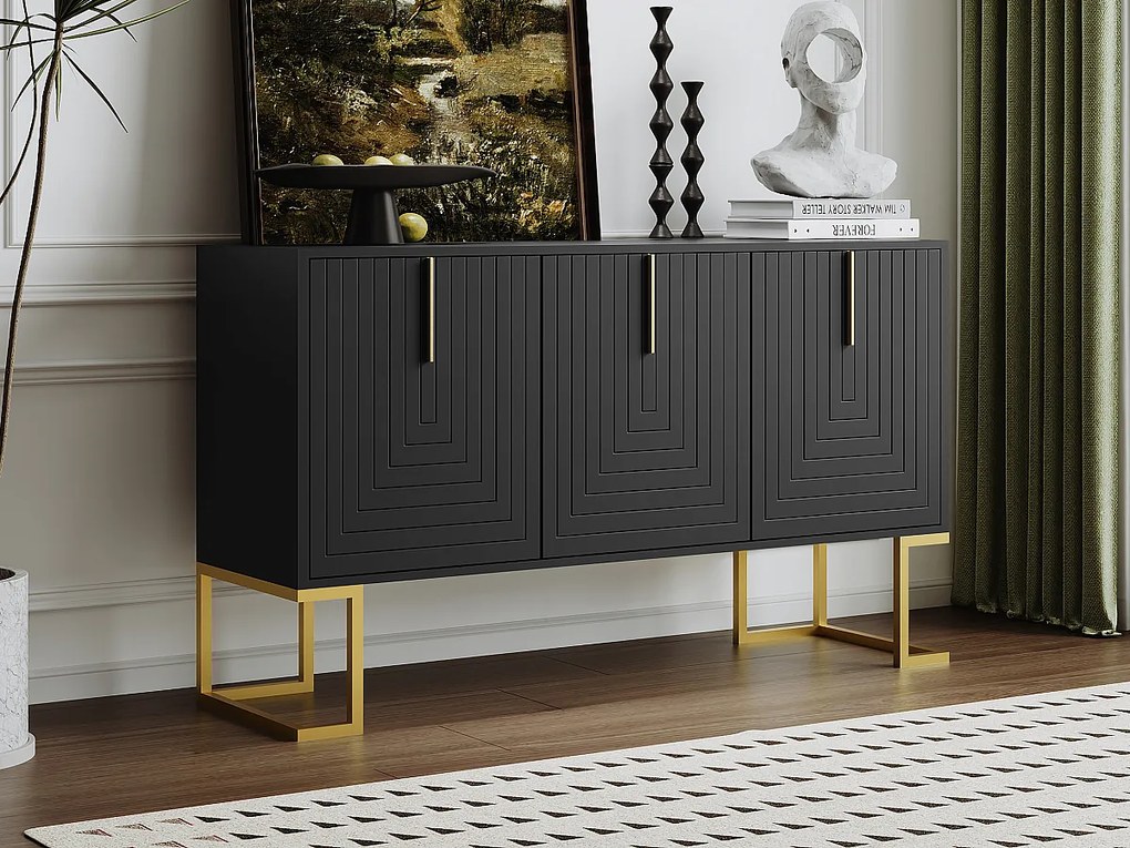 Komoda niska z 3 drzwiami i regulowanymi półkami - 138x40x80,5cm - drewno MDF i metal złoty - czarny