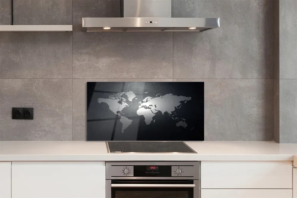 Panel szklany do Kuchni Kontrasty Świata: Biała Mapa na Czarnym Tle