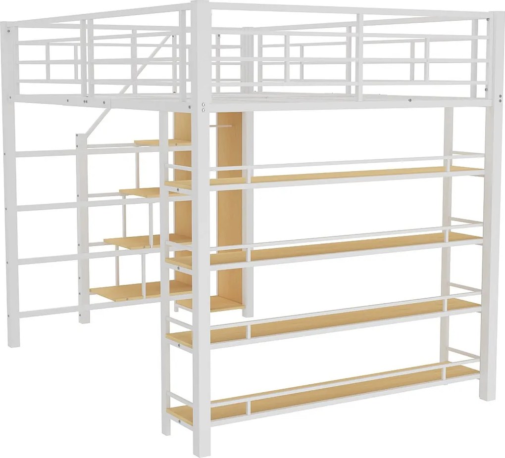 Łóżko mezzanine 140x200 cm - z małą szafą i półkami do przechowywania - Białe