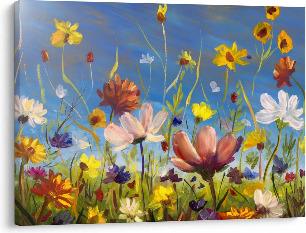 Malowany obraz kwitnącej łąki (70x50 cm)