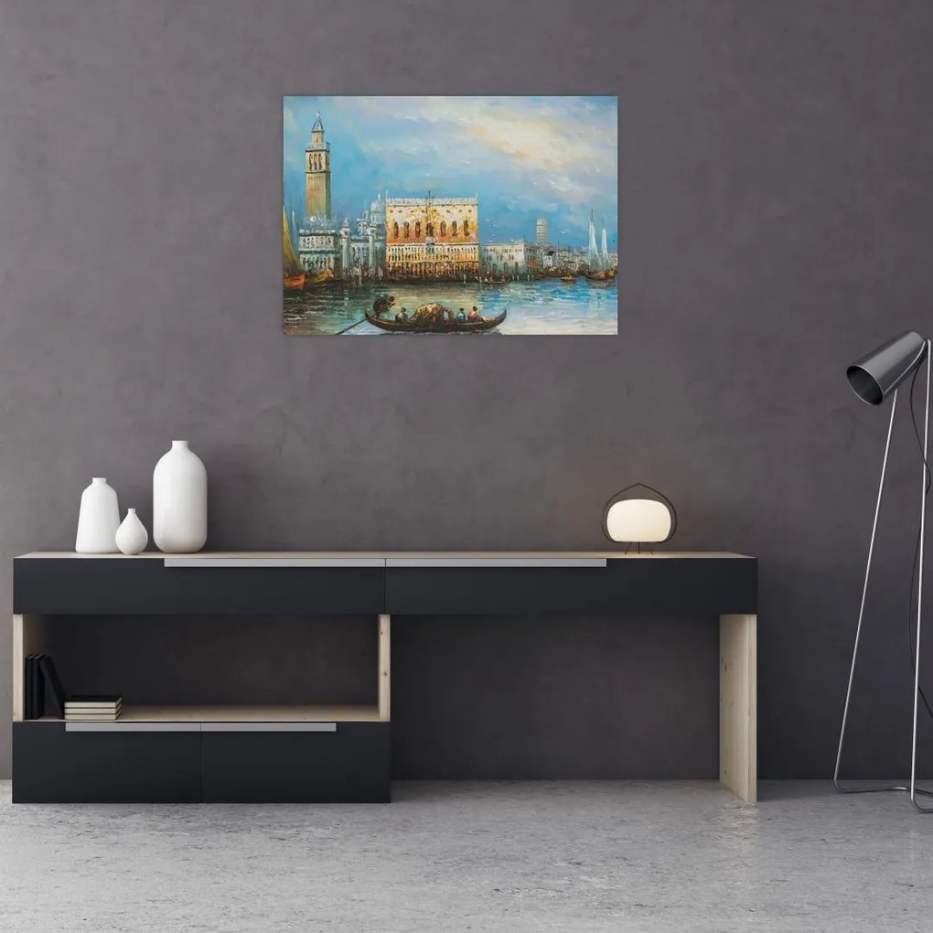 Obraz na szkle - Gondola przejeżdżająca przez Wenecję, obraz olejny (70x50 cm)