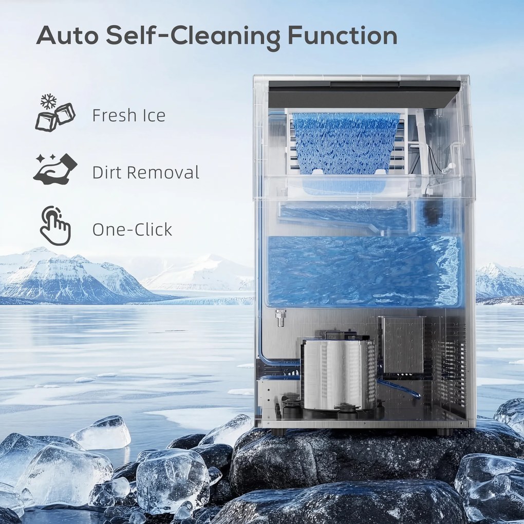 HOMCOM Komercyjna Maszyna do Lodu 45 kg/24H, Stal Nierdzewna, 15 kg Pojemności, Funkcja Samoczyszczenia, Srebrna | Aosom PL