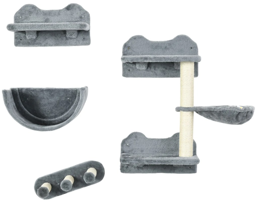 PawHut Zestaw do Wspinaczki dla Kotów, Hamak, Drapak, Platformy, Plusz, Sizal, Szary