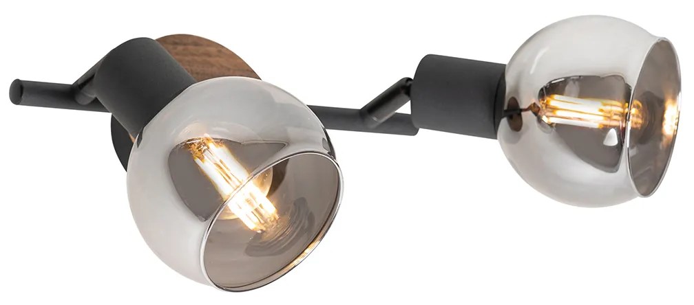 Lampa sufitowa czarna z przydymionym szkłem i drewnem 2-punktowa - Vidro Nowoczesny Oswietlenie wewnetrzne