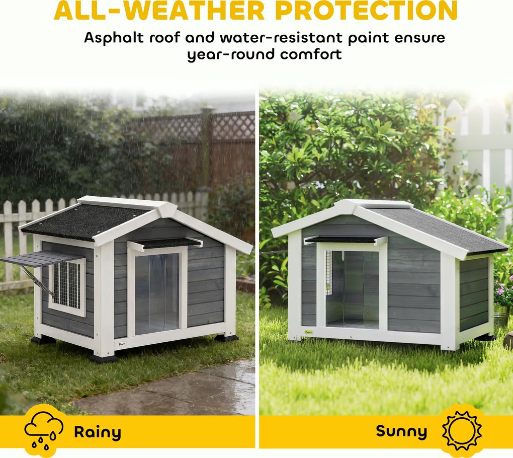 PawHut Buda dla psa drewniana, wodoodporna, z wyjmowaną podłogą, otwieranym oknem i dachem z asfaltu, 98 x 76 x 69,5 cm, szara | Aosom PL