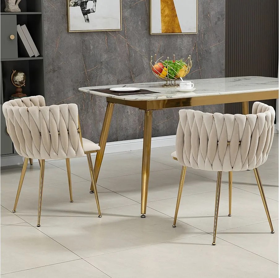 Krzesło do jadalni z aksamitu, plecione oparcie w kształcie półkola, złote metalowe nogi – kość słoniowa