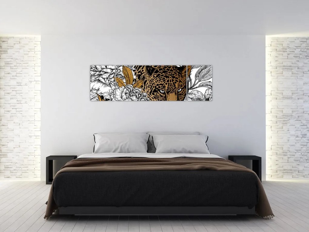 Obraz - Lampart pośród kwiatów (170x50 cm)