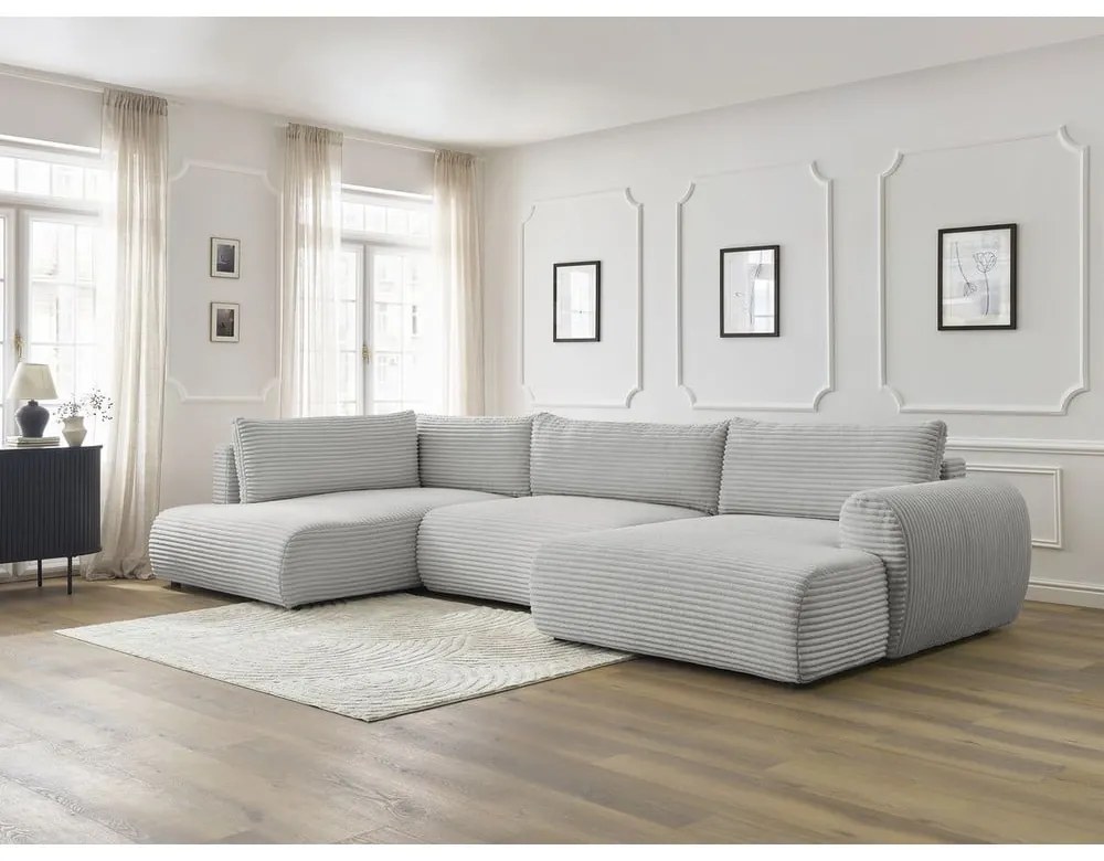 Jasnoszary sztruksowy rozkładany/ze schowkiem narożnik (lewostronny/w kształcie litery U) Lucien – Bobochic Paris