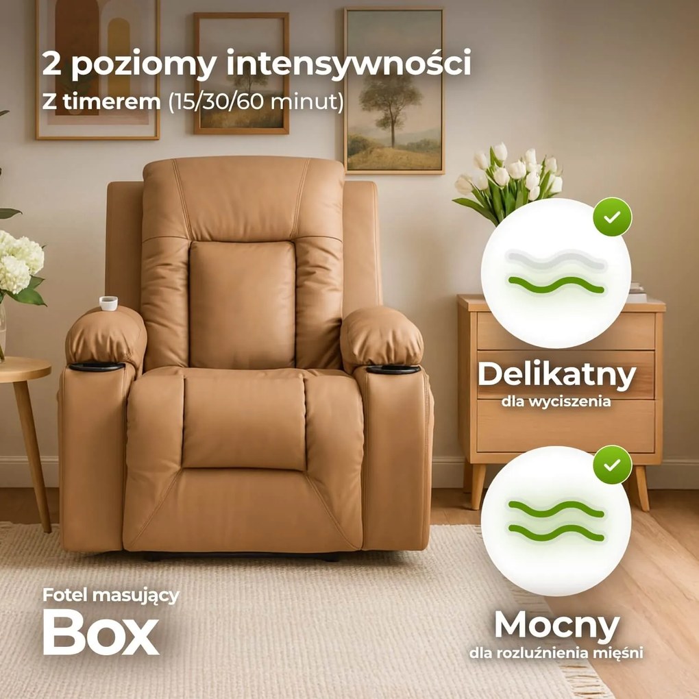 Fotel Masujący BOX Rozkładany z Podnóżkiem Karmelowy Ekoskóra Nowoczesny