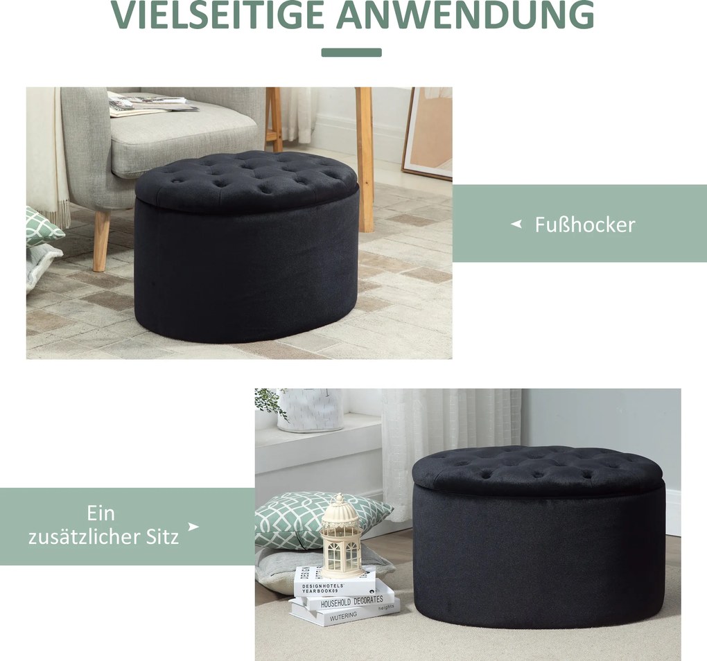 HOMCOM Ławka tapicerowana ze schowkiem skrzynia owalny kształt poliester drewno kolor czarny