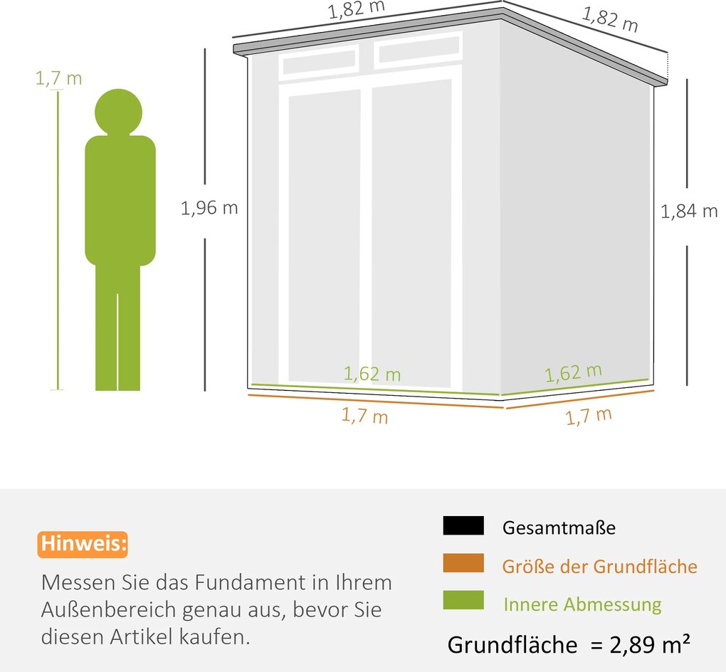 Outsunny Domek narzędziowy 2,89 m², schowek z drewnopodobnym wykończeniem, 3 okna, podwójne drzwi, wentylacja, podłoga, zamek, 182 x 182 x 196 cm | Aosom PL