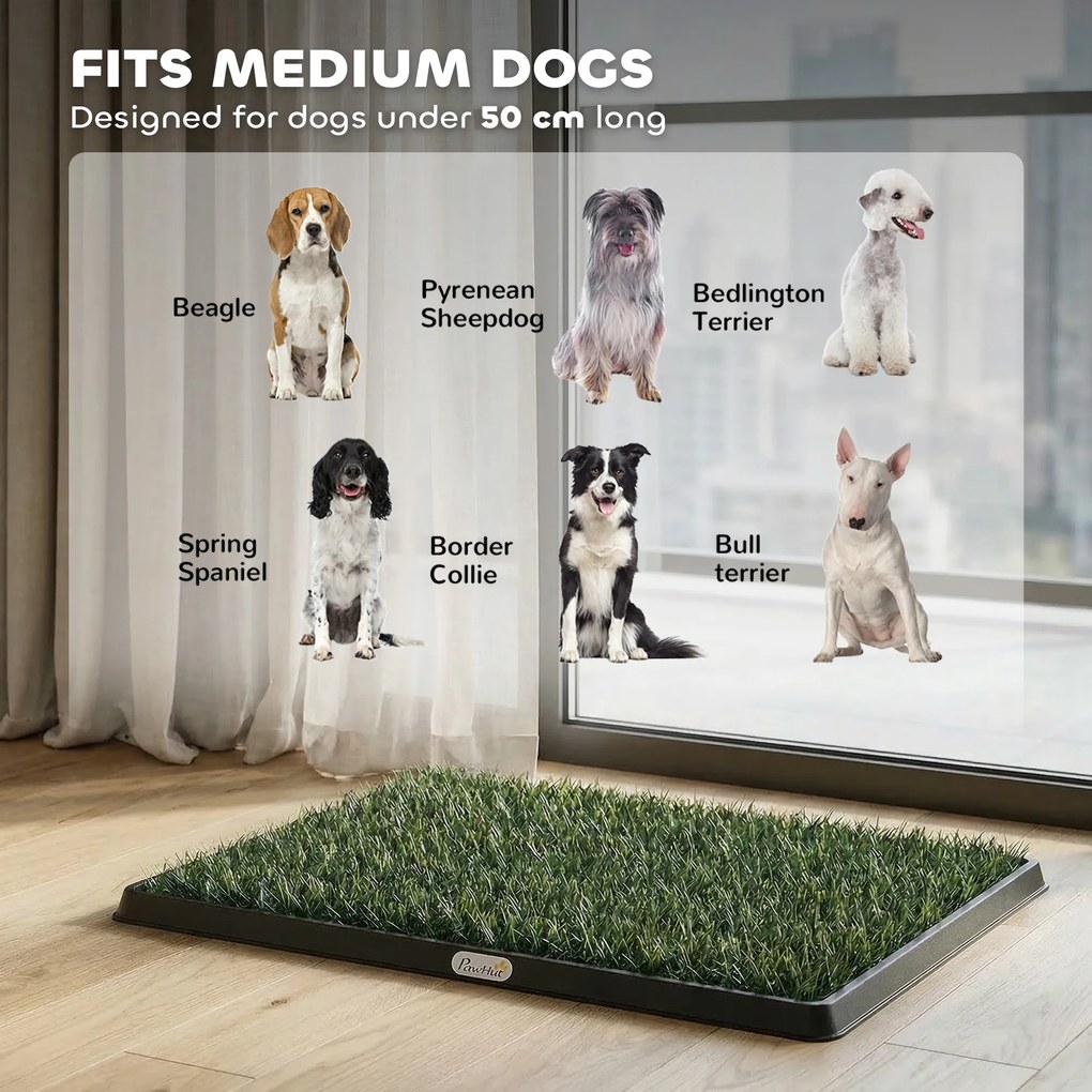 PawHut Toaleta dla psów 76 x 50,5 cm z 2 sztucznymi trawami, przenośna toaleta dla psów na balkon lub do domu, czarno-zielona | Aosom PL