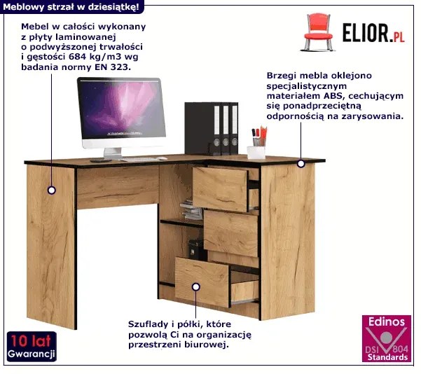 Nowoczesne Biurko Narożne Z Szufladami Dąb Craft G3-E52