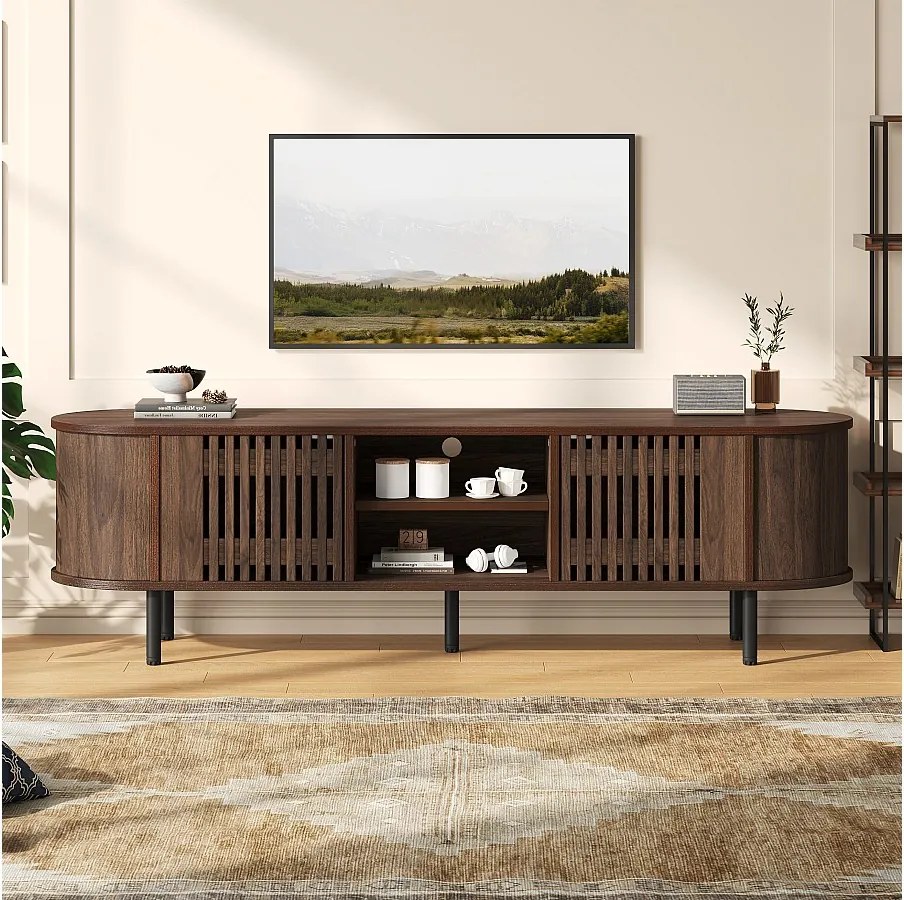 Ażurowa szafka RTV z drewna - 160 x 40 x 47 cm - z 2 drzwiami + półka - do telewizorów 65 cali - MDF - brązowa