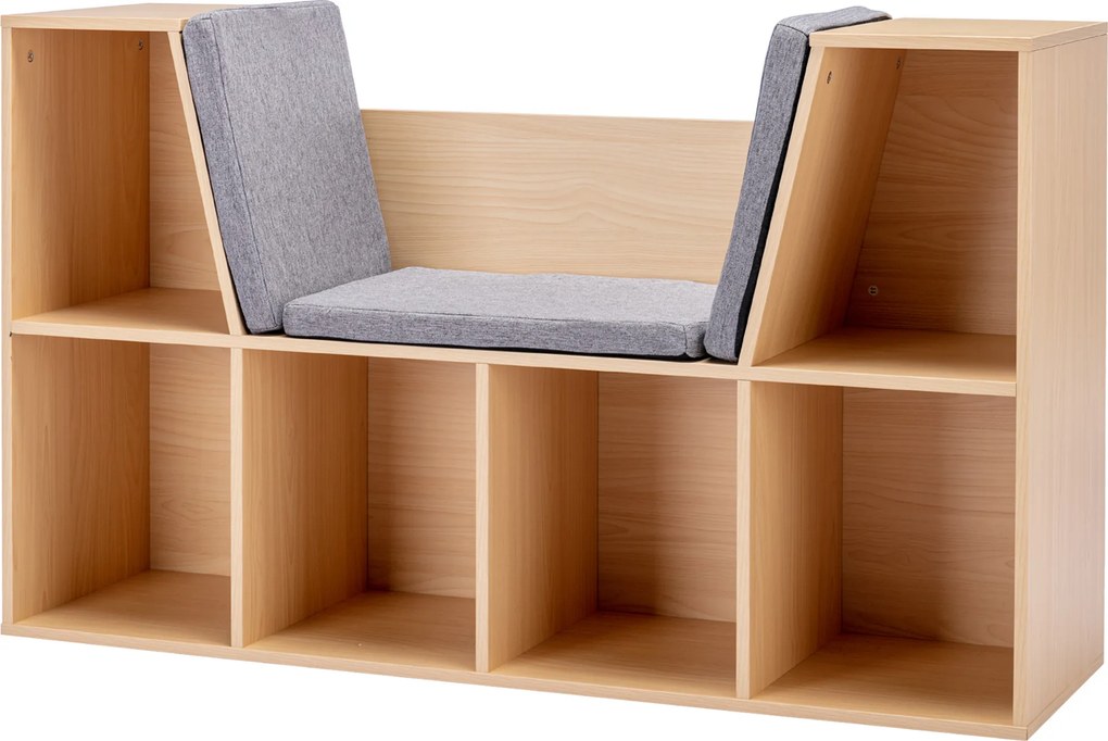 HOMCOM Regał dla Dzieci 2 w 1 + Ławka z Poduszkami 103 cm x 30 cm x 62 cm Biały + Szary