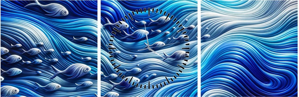 Obraz – Ryby w falach (z zegarem) (90x30 cm)