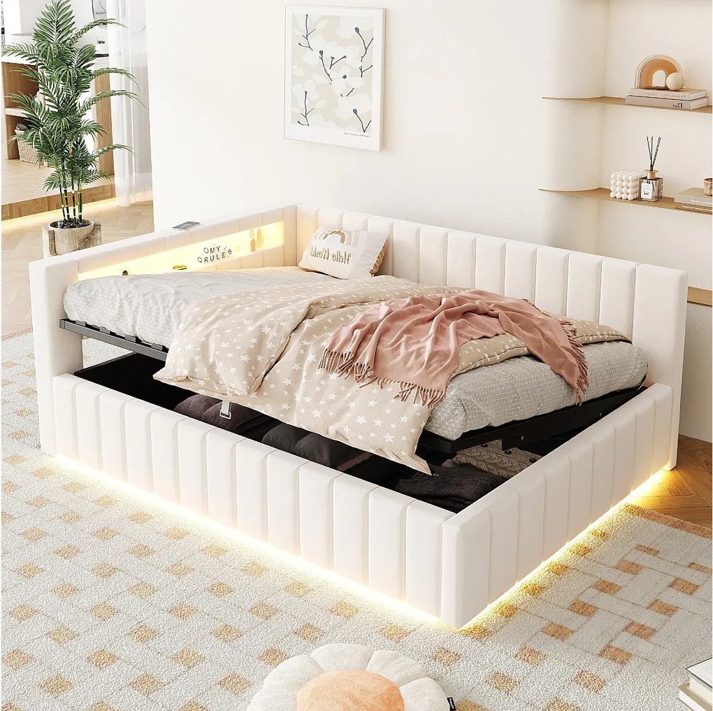 Tapicerowana sofa rozkładana - 140 x 200 cm - z hydraulicznym schowkiem + diody LED + USB + oparcie + zagłówek - aksamit + sklejka + MDF - beżowy