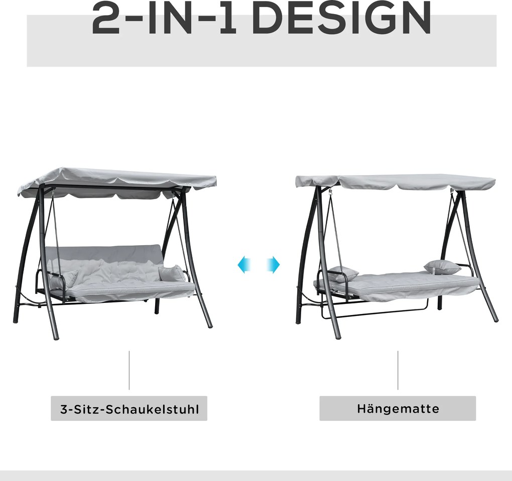 Outsunny huśtawka z dachem, huśtawka ogrodowa, Ławka bujana z funkcją leżenia, 3-osobowa, metal + poliester, biały, 209x114x170 cm