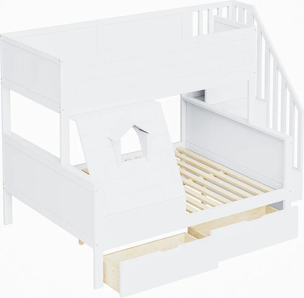 Łóżko piętrowe dla dzieci - 90 x 200 cm + 140 x 200 cm - z drabinką + szufladami + okienkiem - drewno - białe